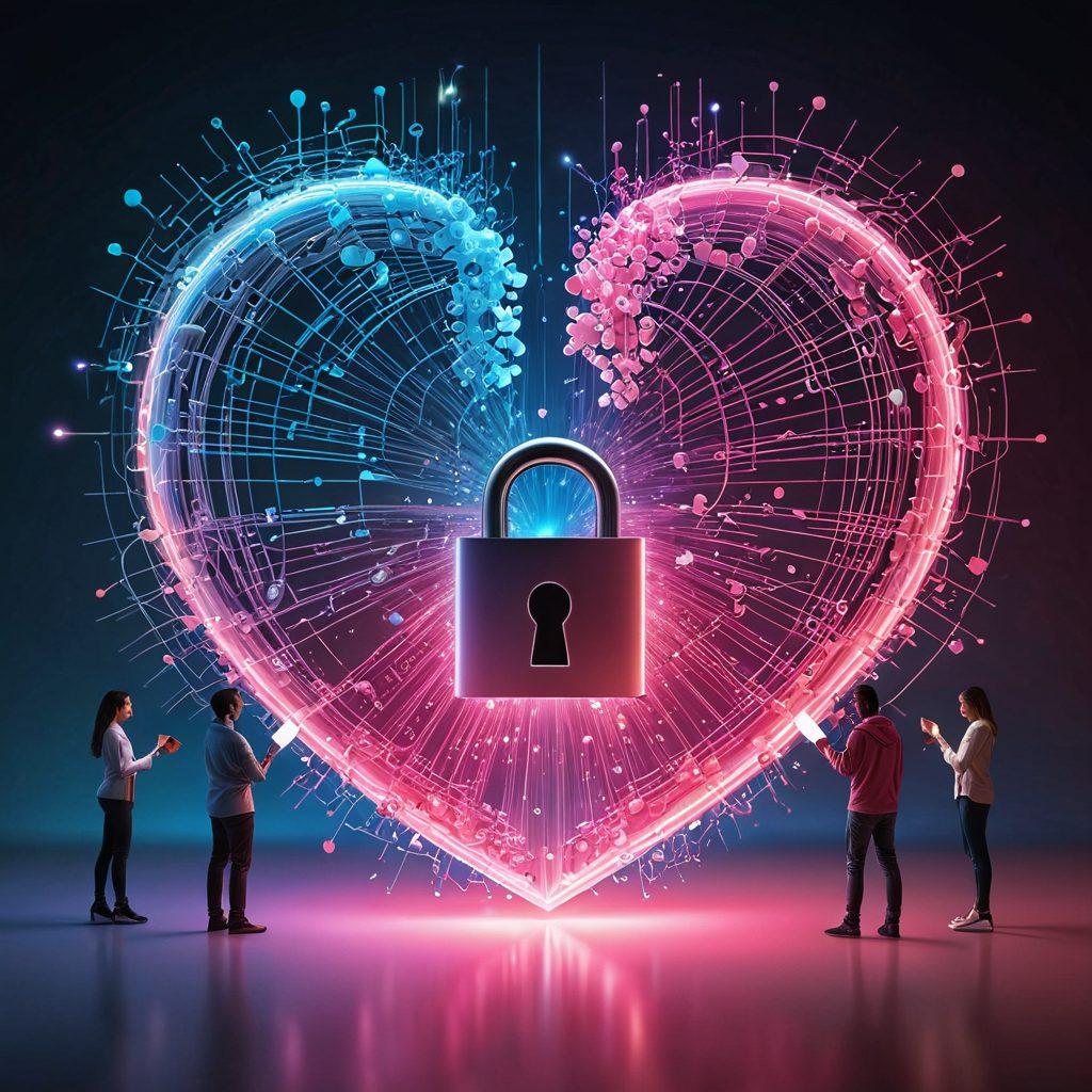 A heart-shaped lock being opened with glowing data streams flowing out, symbolizing the fusion of love and data intelligence. Surrounding the lock, diverse people engage in heartfelt conversations, showcasing various relationships. A backdrop of digital elements like graphs or codes subtly merges with soft romantic hues. Create an ambiance that blends technology and emotion, capturing the essence of modern relationships. super-realistic. vibrant colors. digital art.