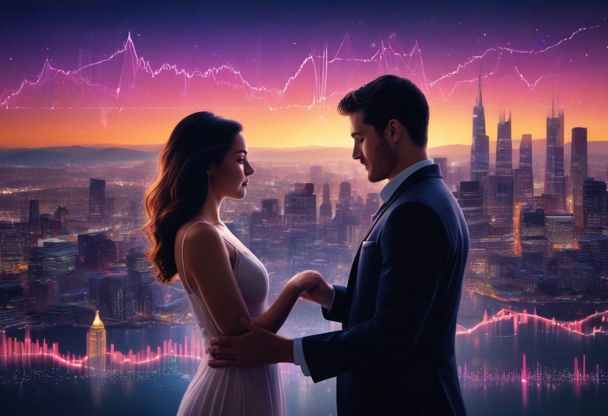 A captivating scene showcasing a couple in a romantic setting, illuminated by glowing data graphs and charts floating around them, symbolizing data analytics in relationships. The background features a dreamy cityscape at twilight, with twinkling lights representing love connections. Their expressions reflect deep passion and understanding, as data points converge above them, creating a visual representation of romance powered by analytics. vibrant colors. super-realistic. dynamic composition.