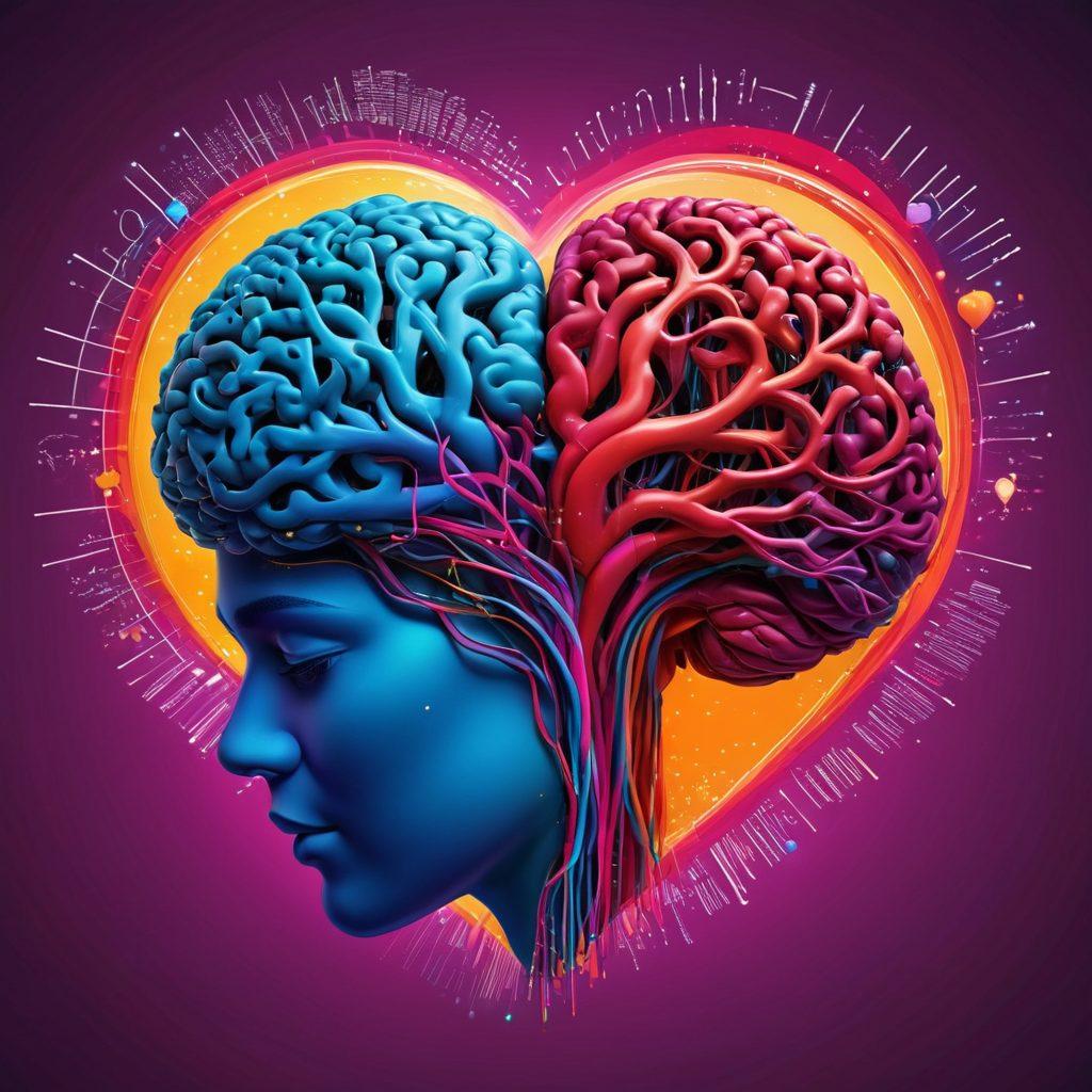 A vivid brain made of data streams and heart shapes, with colorful graphs intertwining around it, symbolizing love patterns and emotional connections. Include silhouettes of couples in various poses reflecting relationship dynamics, set against a backdrop of swirling digital data. The scene should evoke a sense of exploration and insight. super-realistic. vibrant colors. digital art.
